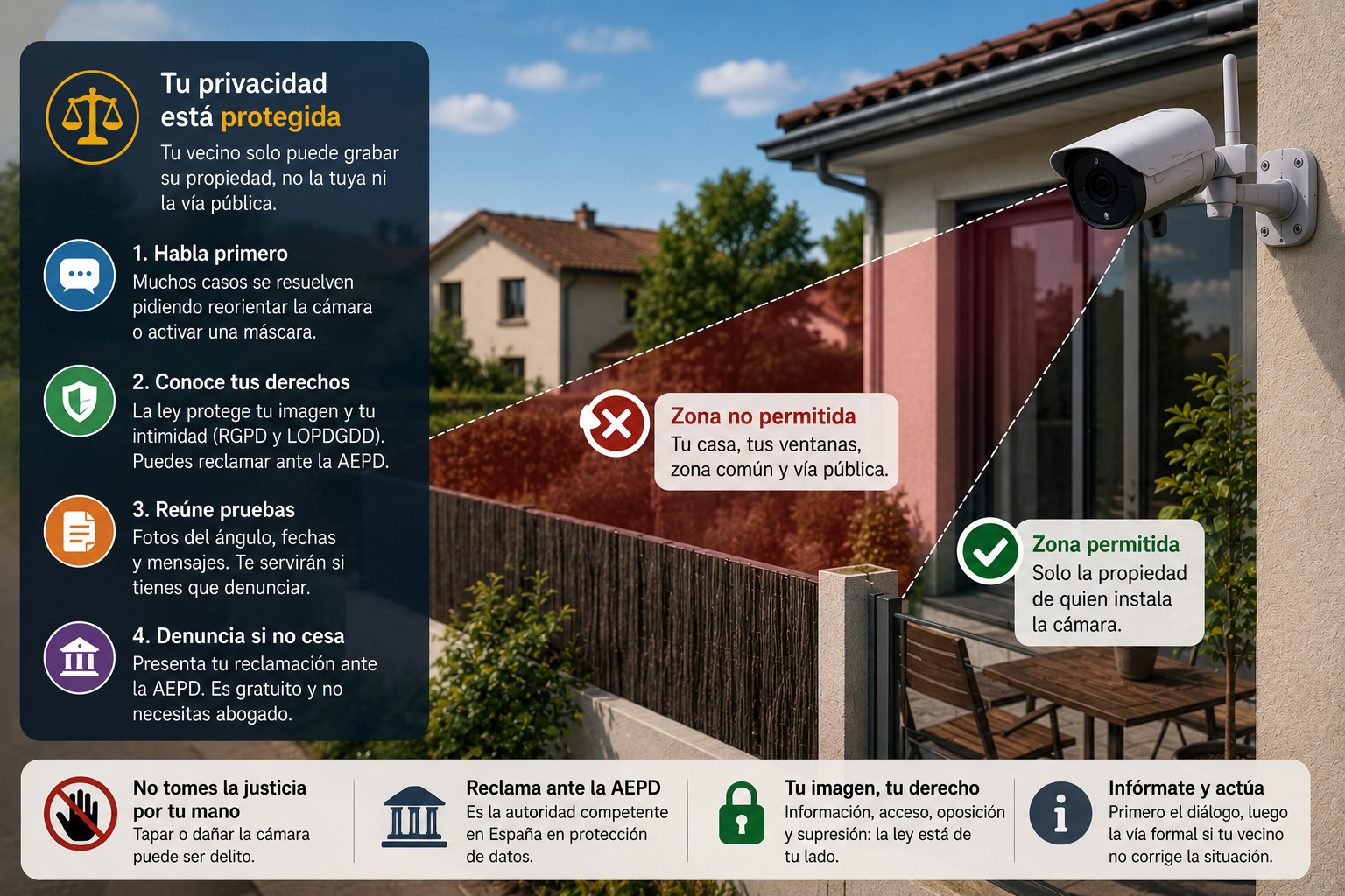 Cámara de seguridad de un vecino apuntando hacia una vivienda, ventanas y patio, mostrando las zonas que puede y no puede grabar en España.