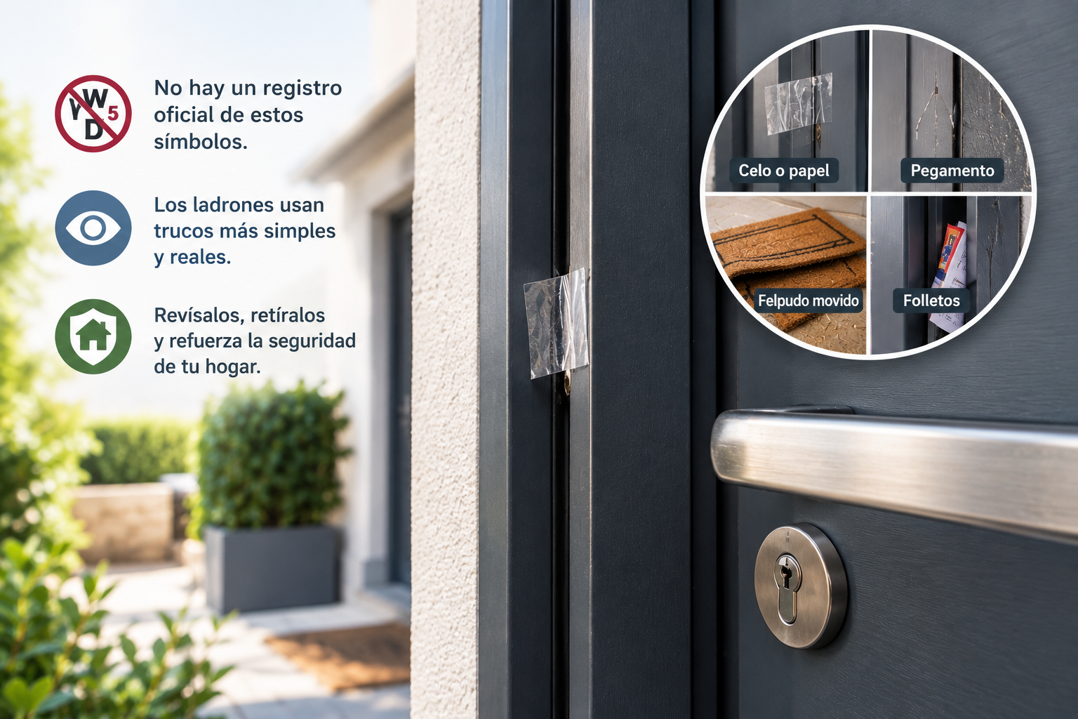 Puerta de entrada con celo, pegamento, felpudo movido y folletos, ejemplos de señales usadas para comprobar si una vivienda está habitada