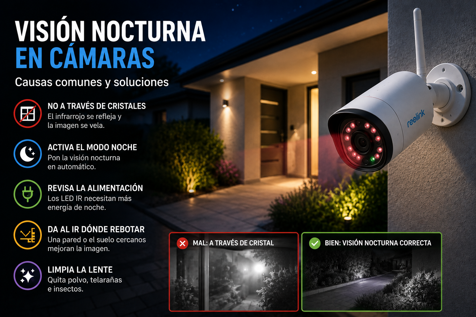 Cámara de seguridad exterior con visión nocturna infrarroja en una vivienda, mostrando cómo mejorar la imagen de noche.
