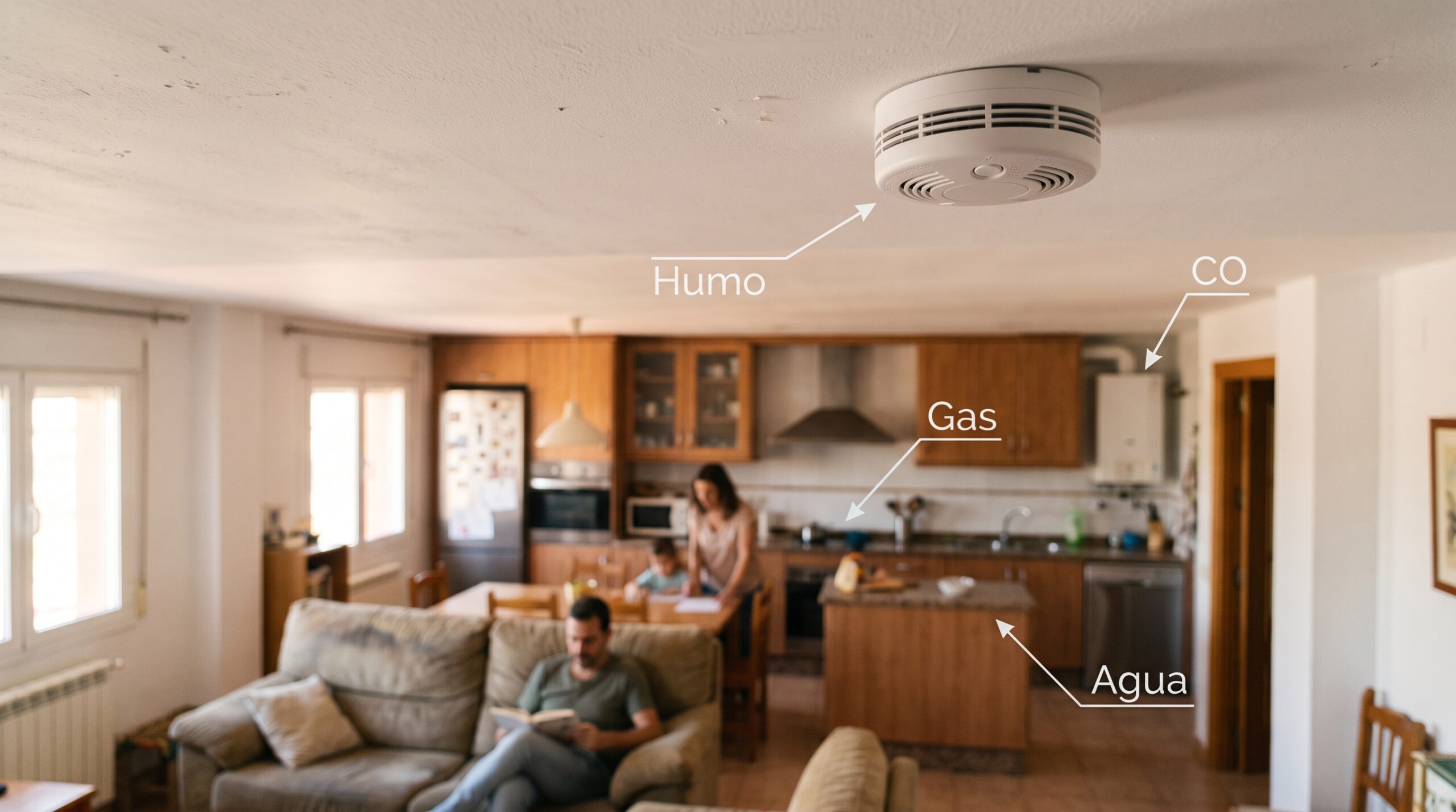 Detector de humo en el techo de una casa con anotaciones de humo, CO, gas y agua, la seguridad que se olvida