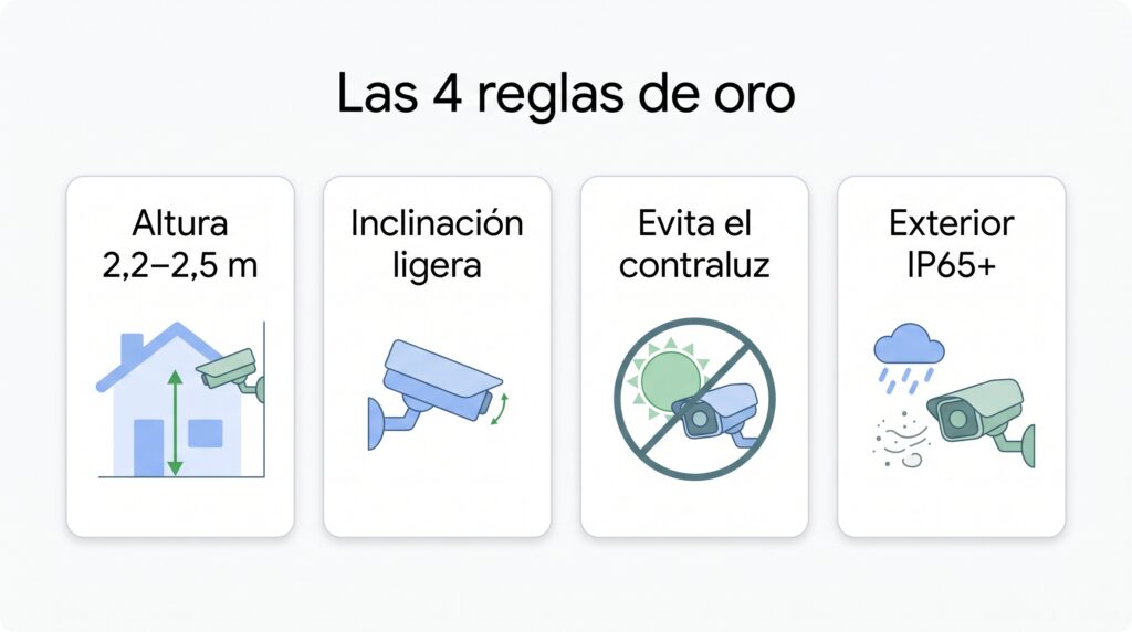 Resumen visual de las cuatro reglas básicas para colocar una cámara de seguridad.
