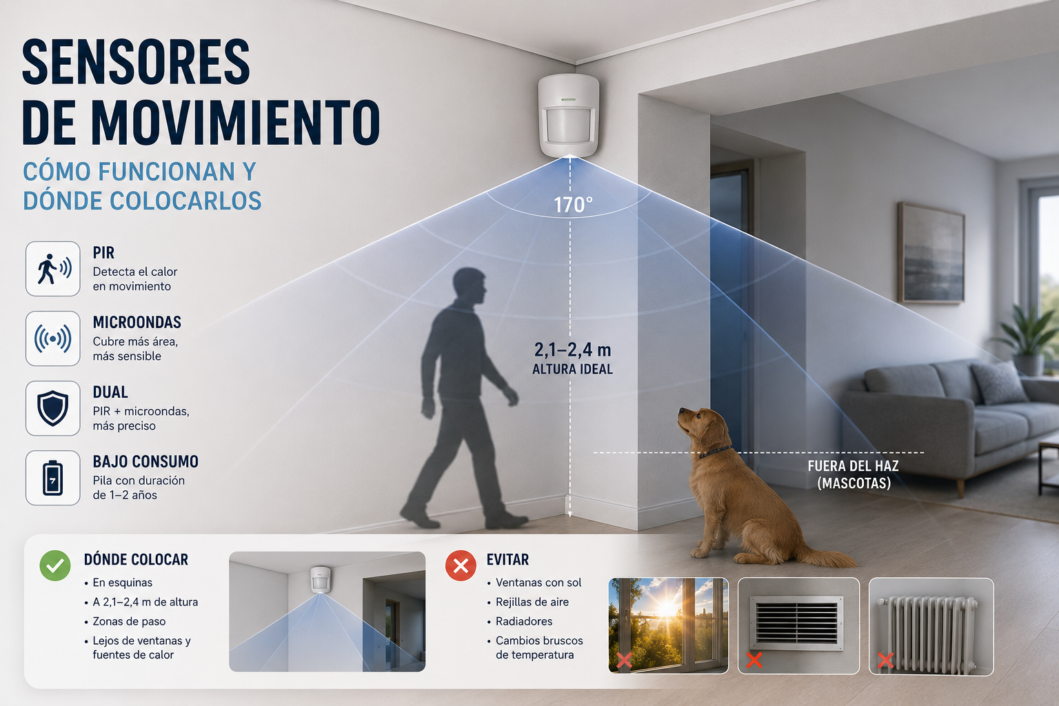 Sensor de movimiento PIR instalado en una esquina a 2,2 metros de altura, cubriendo una zona de paso del hogar
