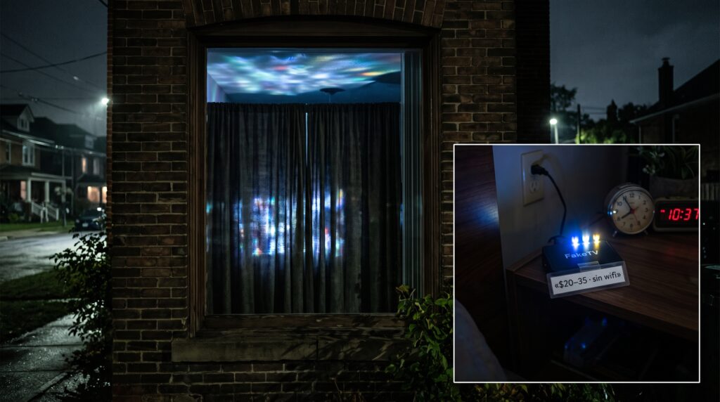 Simulador de TV FakeTV proyectando luz parpadeante para aparentar que alguien ve la tele