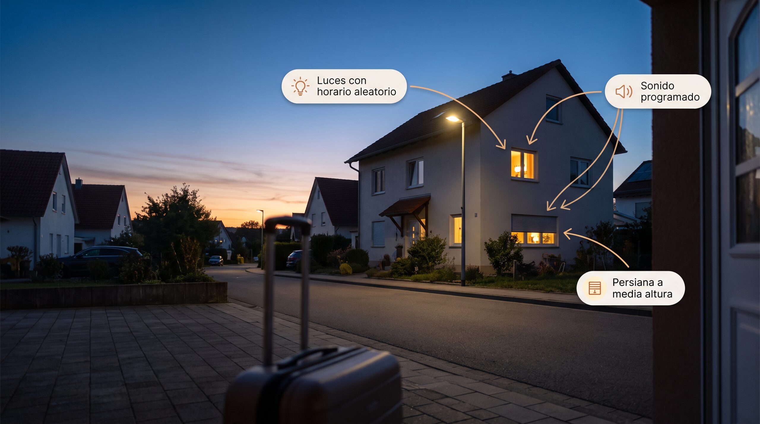 Casa iluminada al anochecer con anotaciones que señalan luces, sonido y persianas para simular presencia mientras viajas