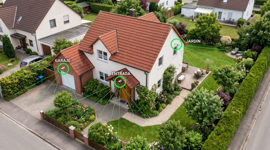 Distribución recomendada de cámaras exteriores en una vivienda.
