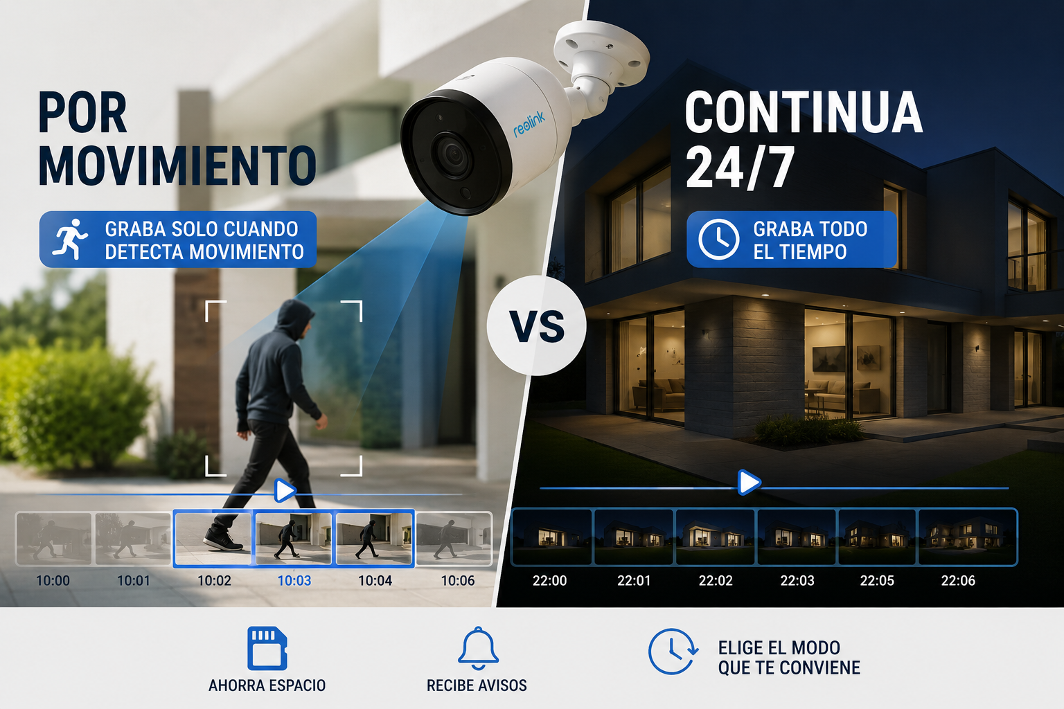 Cámara de seguridad doméstica mostrando la diferencia entre grabación continua y grabación por detección de movimiento
