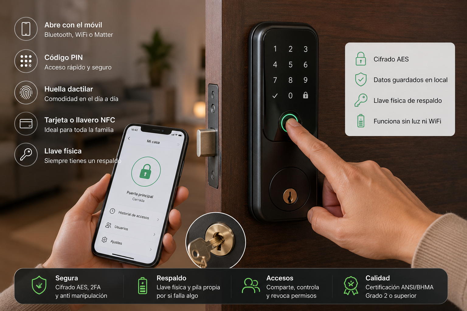 Cerradura inteligente con huella, código PIN, móvil y llave física de respaldo