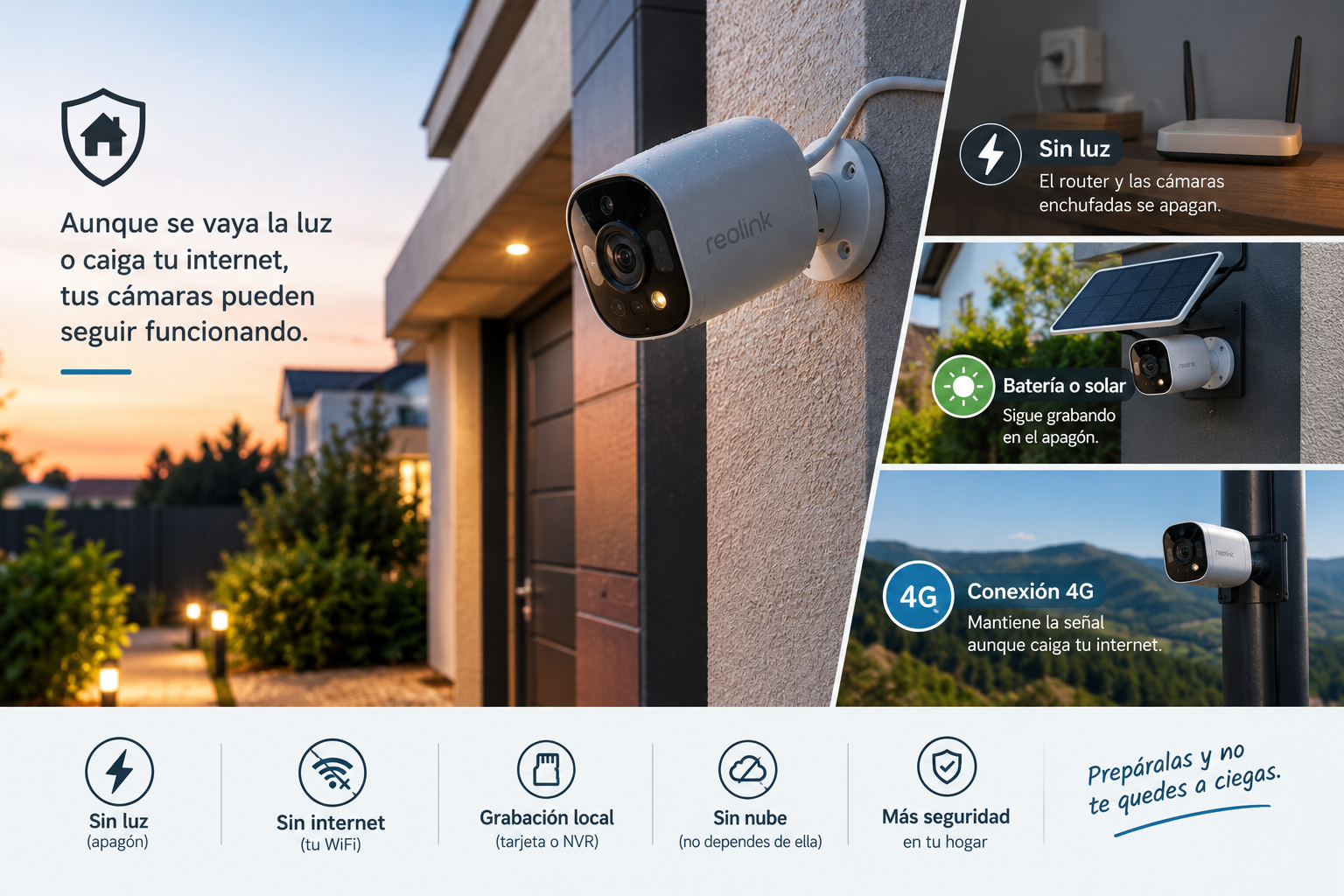 Cámara de seguridad con batería y panel solar funcionando durante un apagón, con respaldo 4G y grabación local