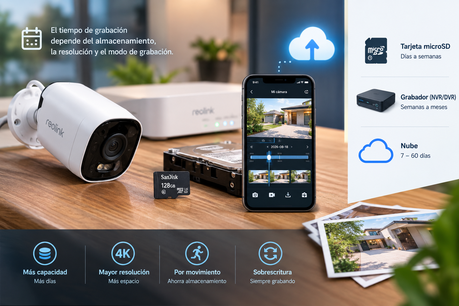 Cámara de seguridad con tarjeta microSD, grabador NVR y almacenamiento en la nube, mostrando las distintas opciones de retención de vídeo.