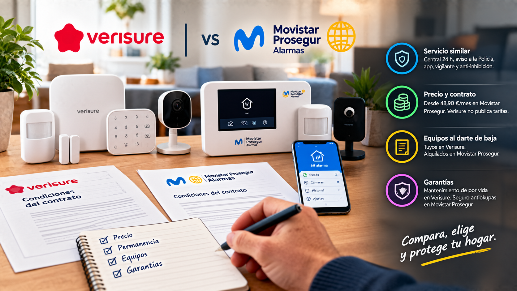 Comparativa visual de Verisure y Movistar Prosegur Alarmas con sus equipos, precios, condiciones de contrato, permanencia y garantías.
