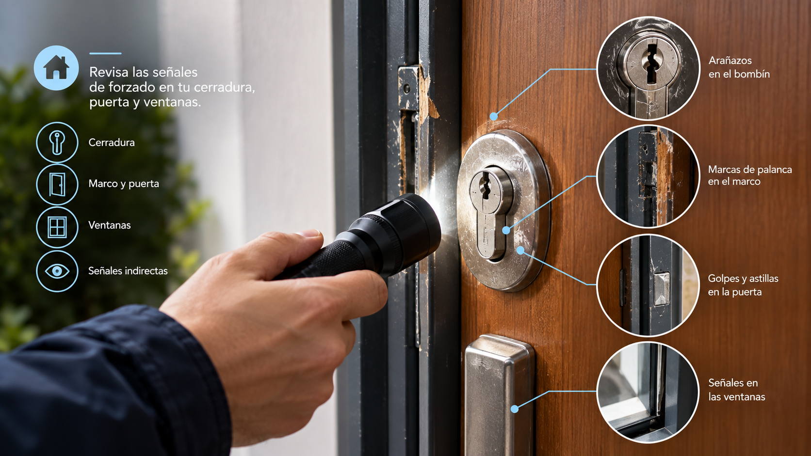 Cerradura de una puerta de madera con señales de posible forzado, arañazos en el bombín, marcas de palanca en el marco, golpes y daños en las ventanas.