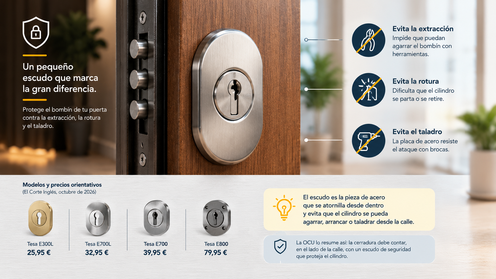 Escudo de seguridad de acero instalado alrededor del bombín de una puerta, con ejemplos de escudos que protegen contra extracción, rotura y taladro.
