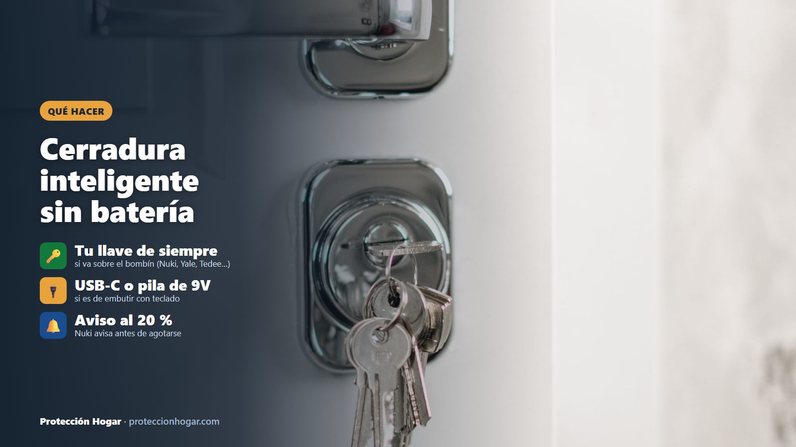 Llaves puestas en el bombín de una puerta, con qué hacer si la cerradura inteligente se queda sin batería: abrir con la llave, USB-C o pila de 9V