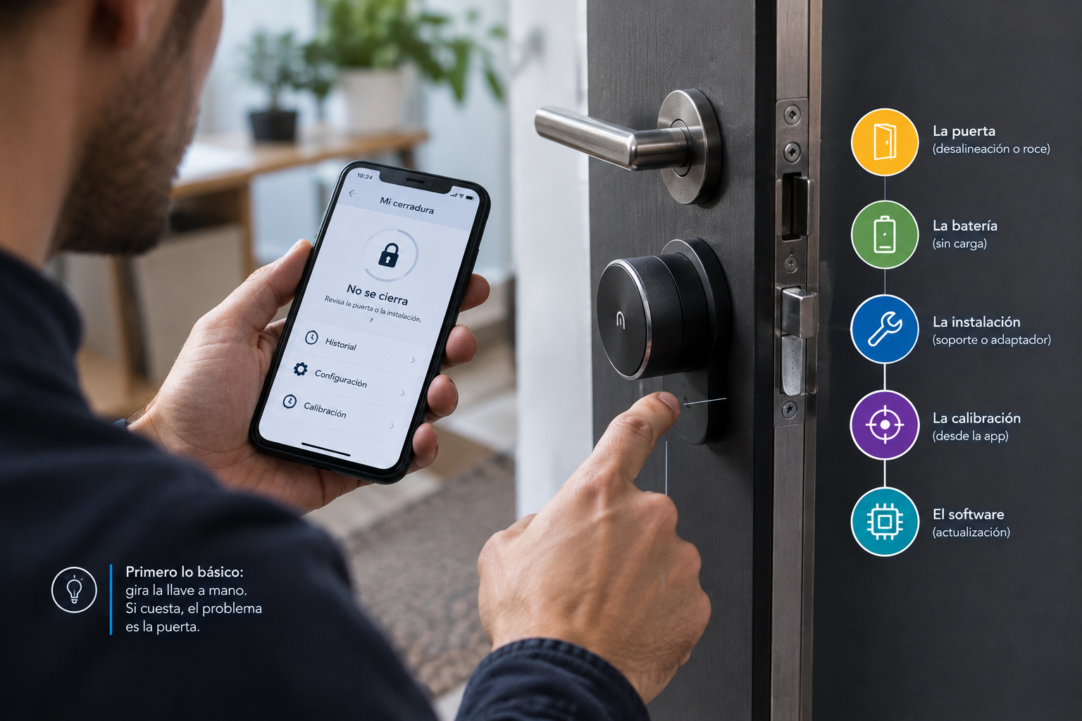 Persona revisando una cerradura inteligente que no cierra correctamente, con la app mostrando un fallo y las cinco posibles causas: puerta, batería, instalación, calibración y software.